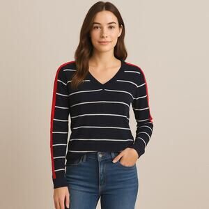 Women's 100% Merino Wool Striped Sweater S Navy White V-Neck Timeless Layering